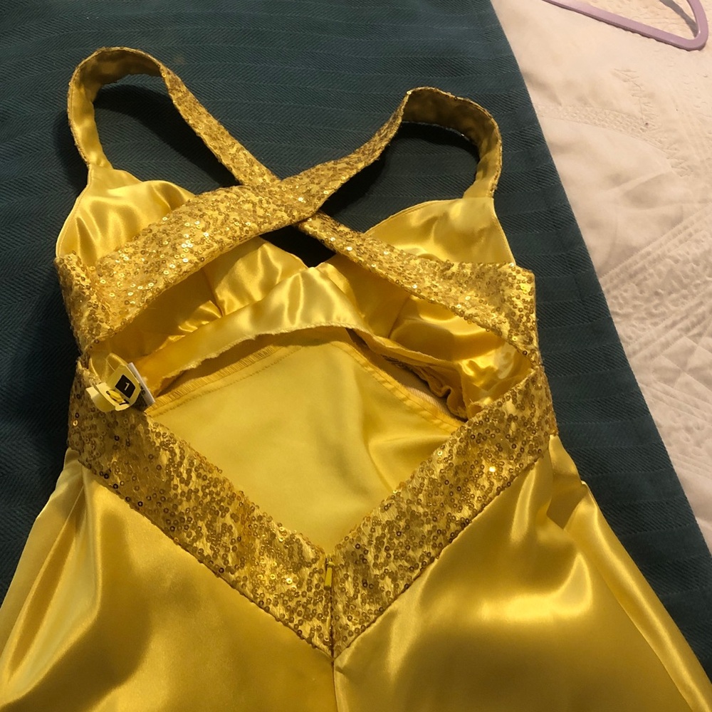 Yellow Satin Sequin Trim Women's evening dress